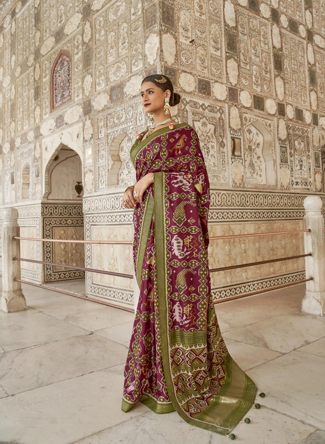 Soft Silk Patola Print Maroon Saree With Grassy Green Border