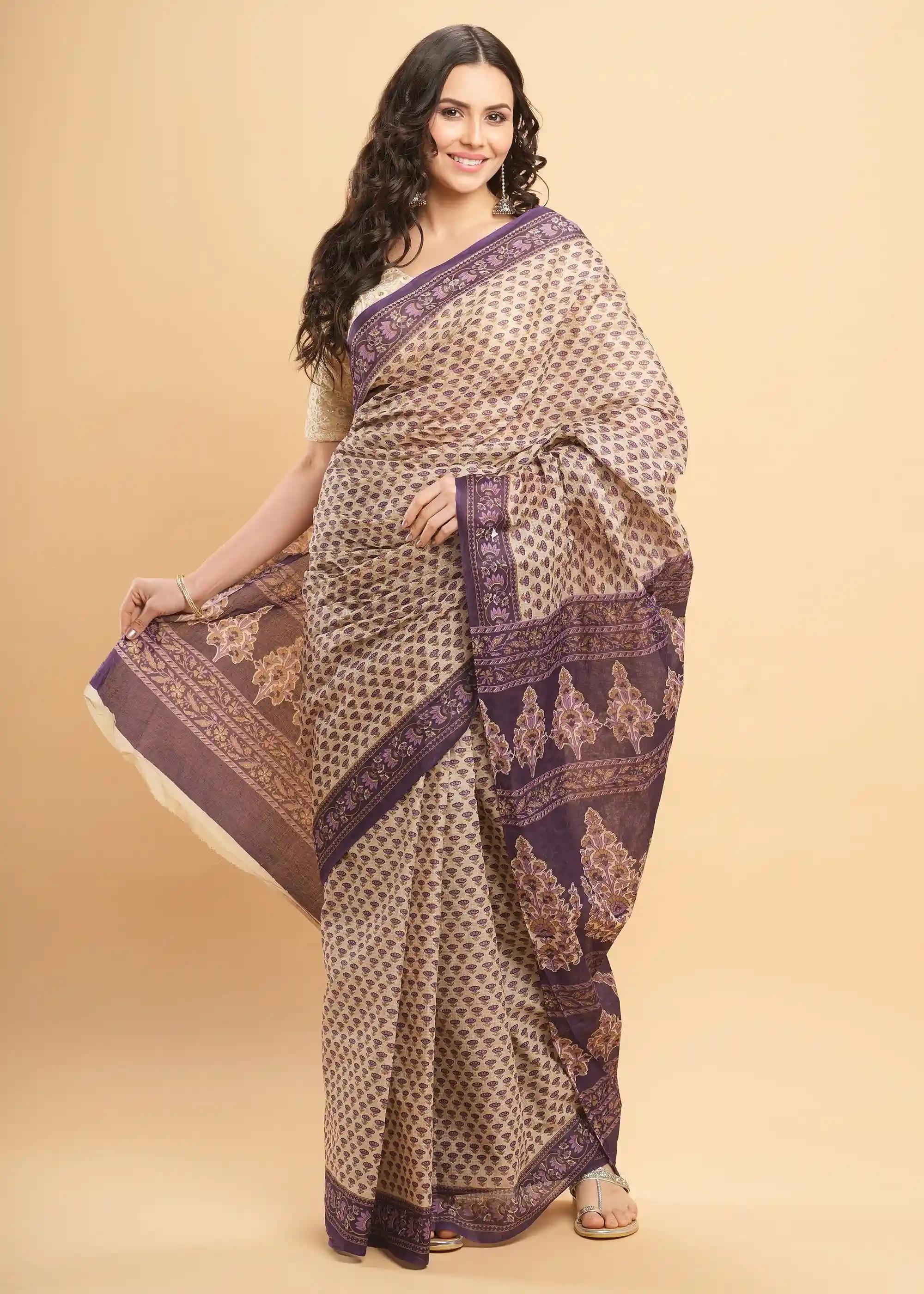 Mul Mul Pure Cotton Saree With Block Prints - Wine