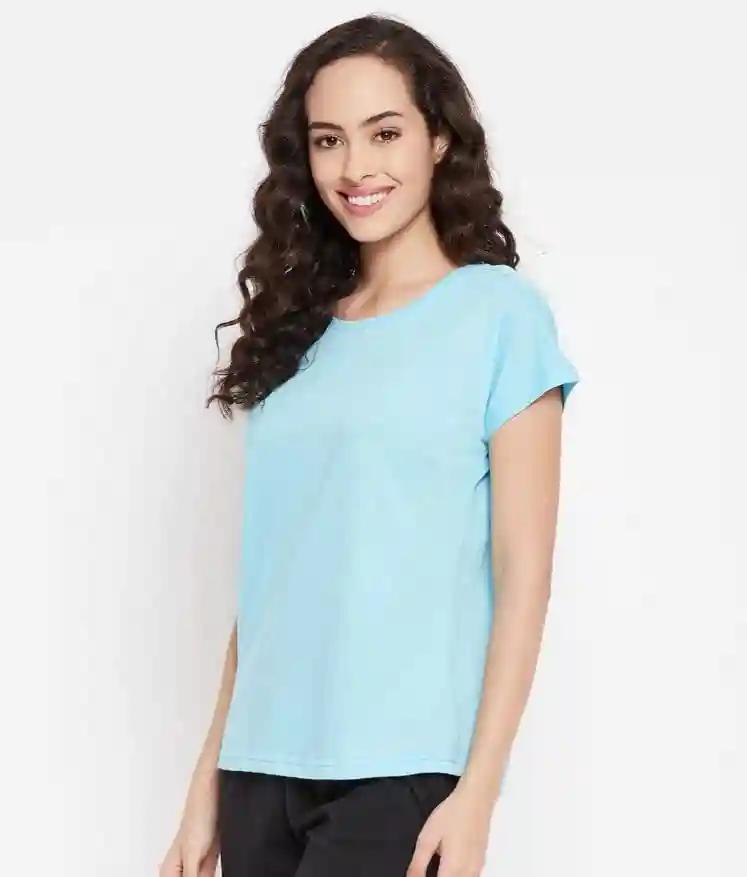 Cotton Round Neck T-Shirt For Women - Sky Blue (Small)