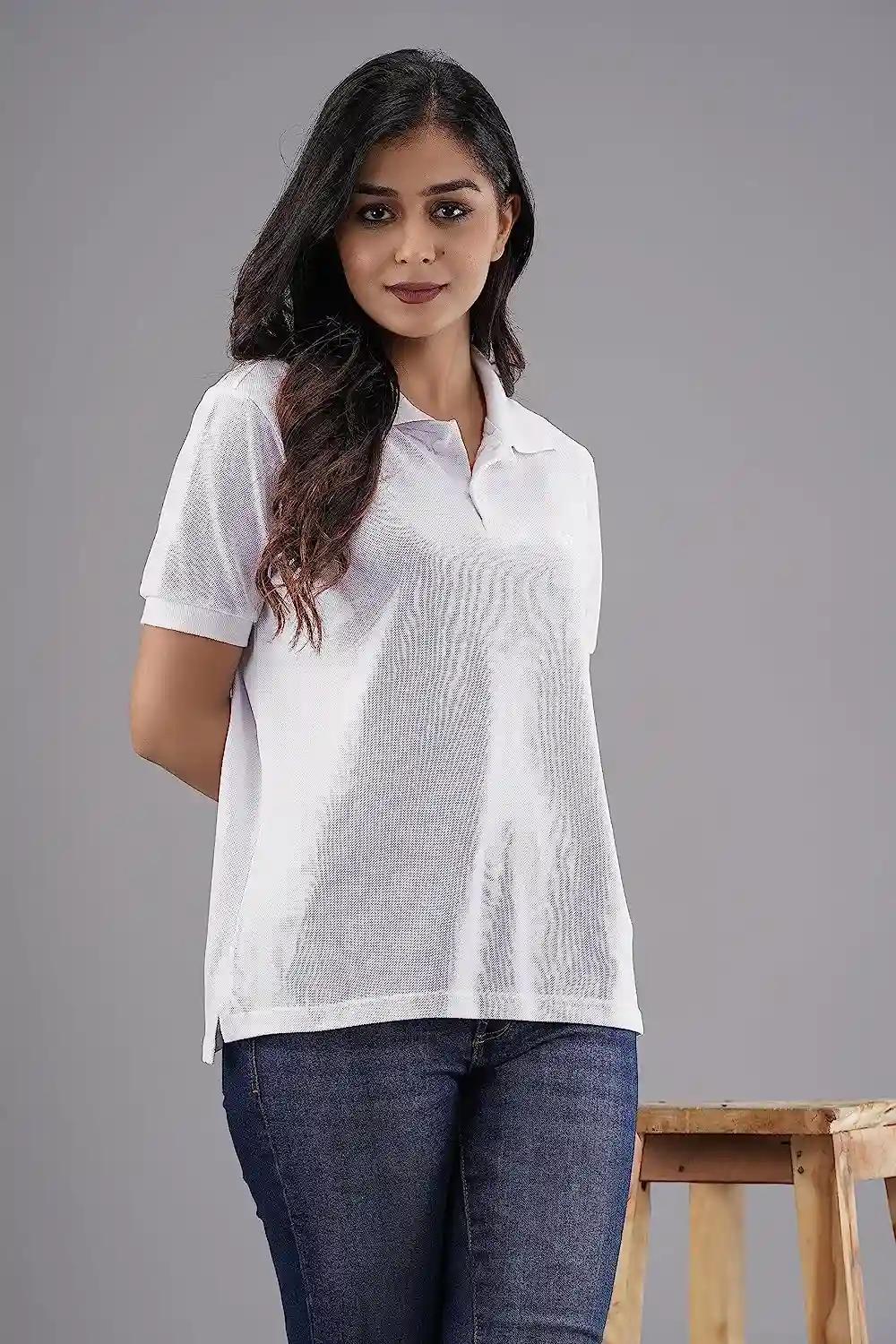 Cotton Polo Neck T-Shirt For Women - White (Small)