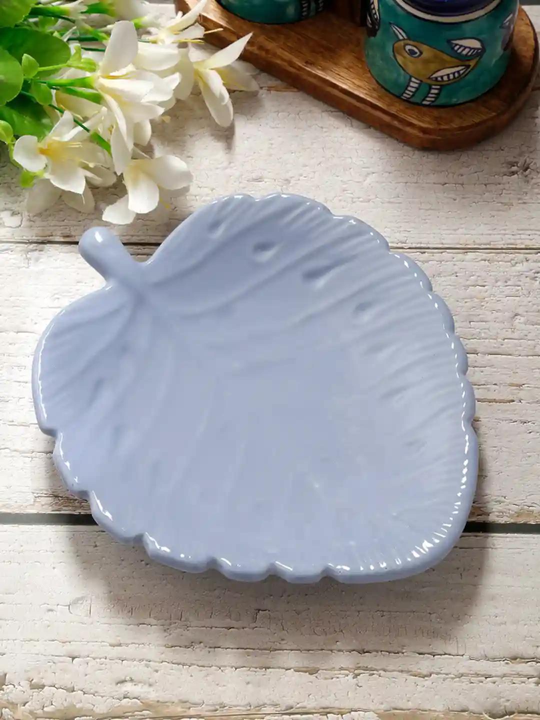 Shilpkara "The Leaf Shade" Handcrafted Appetizer Serving Ceramic Platter - Set of 1(Blue)