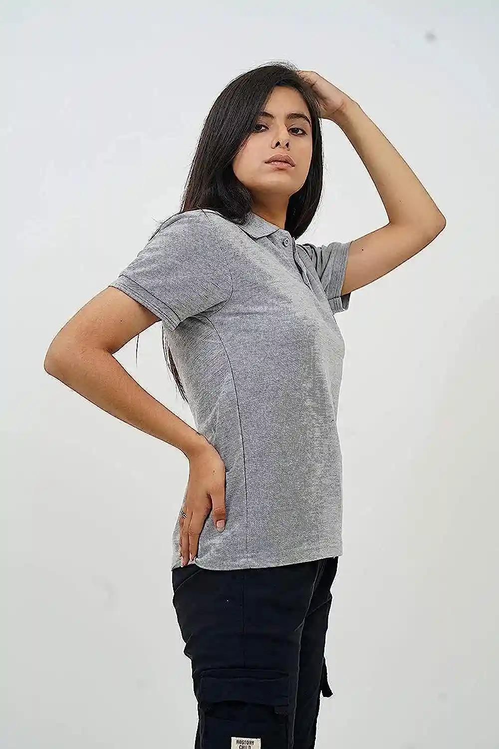 Cotton Polo Neck T-Shirt For Women - Grey (Small)