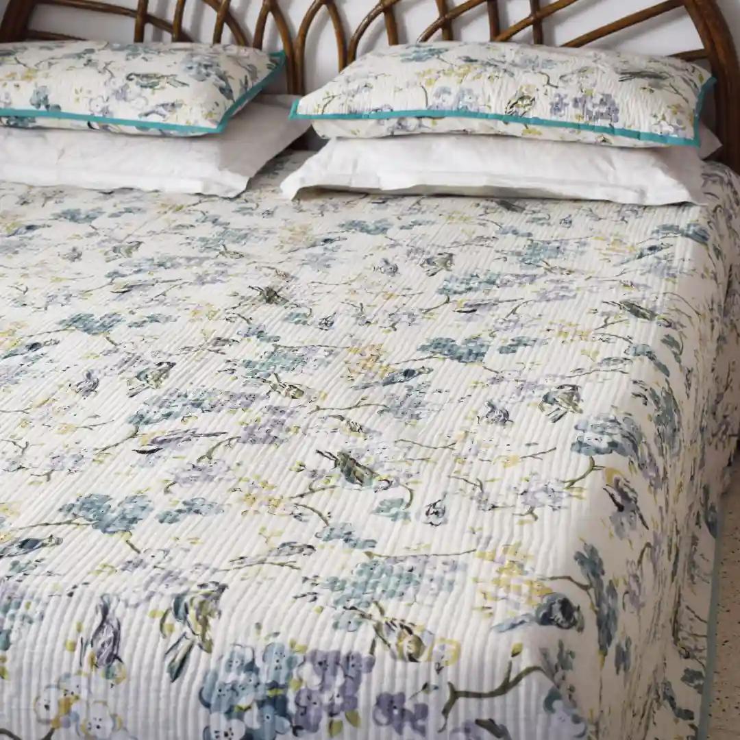 Amara Birds of Garden Printed Reversible Quilted Bedcover Set- Turquoise