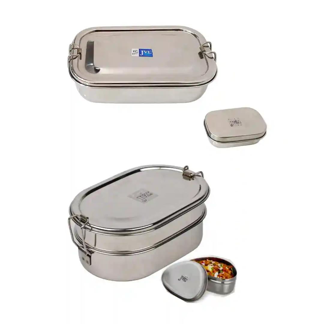 Jvl Stainless Steel Rectangular Single Layer Lunch Box With Small Container & Big Cpaule Double Layer Lunch Box With Mini Container Not Leak Proof - Pack Of 2