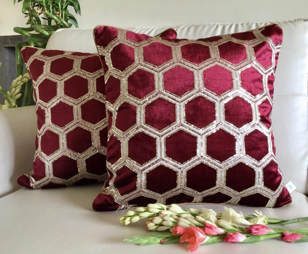 Tiara- Sequined Embroidered Luxury Velvet Cushion Cover- Wine Red- Set of 1