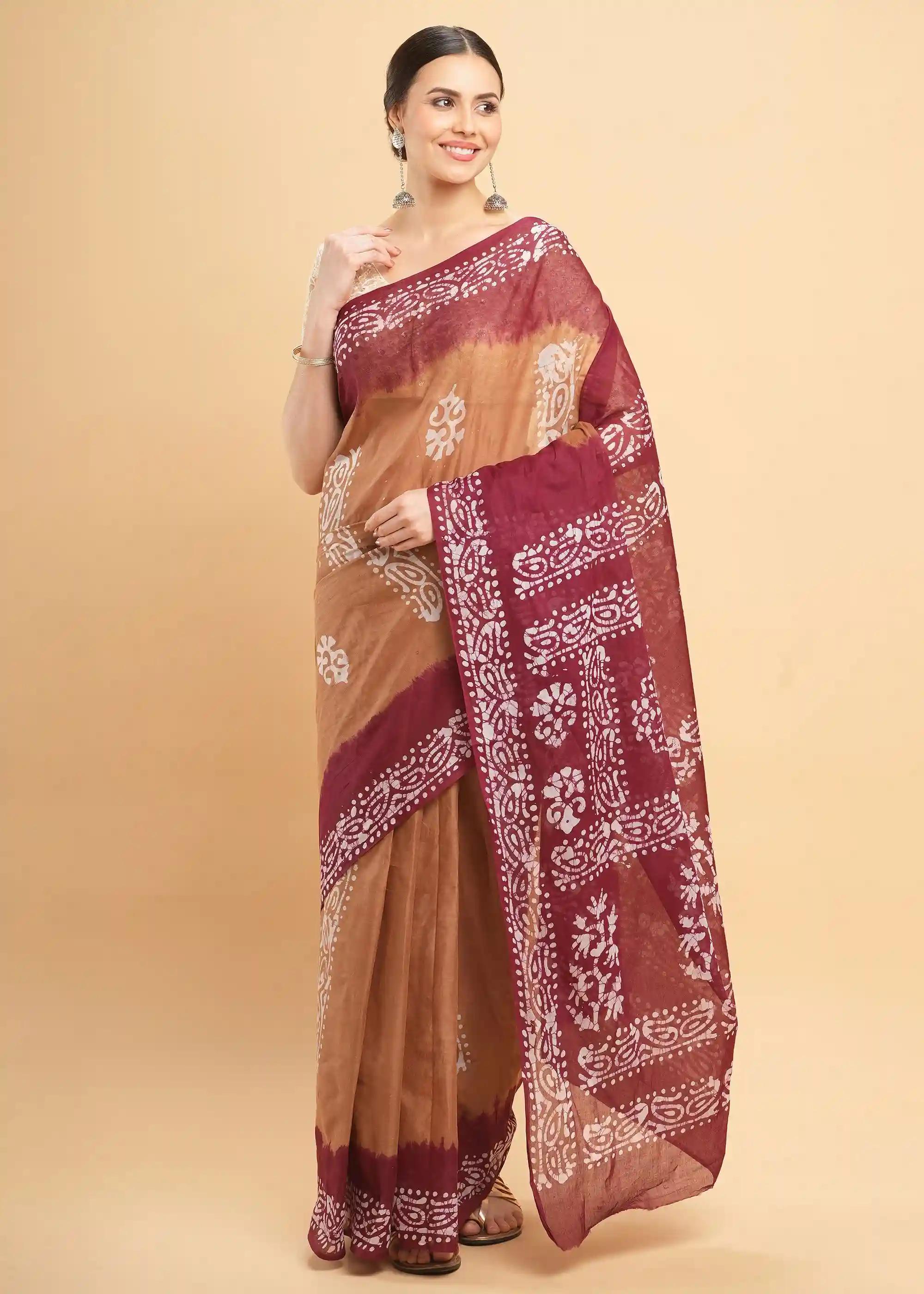 Mul Mul Pure Cotton Saree With Tie N Dye And Batik Prints - Copper & Maroon