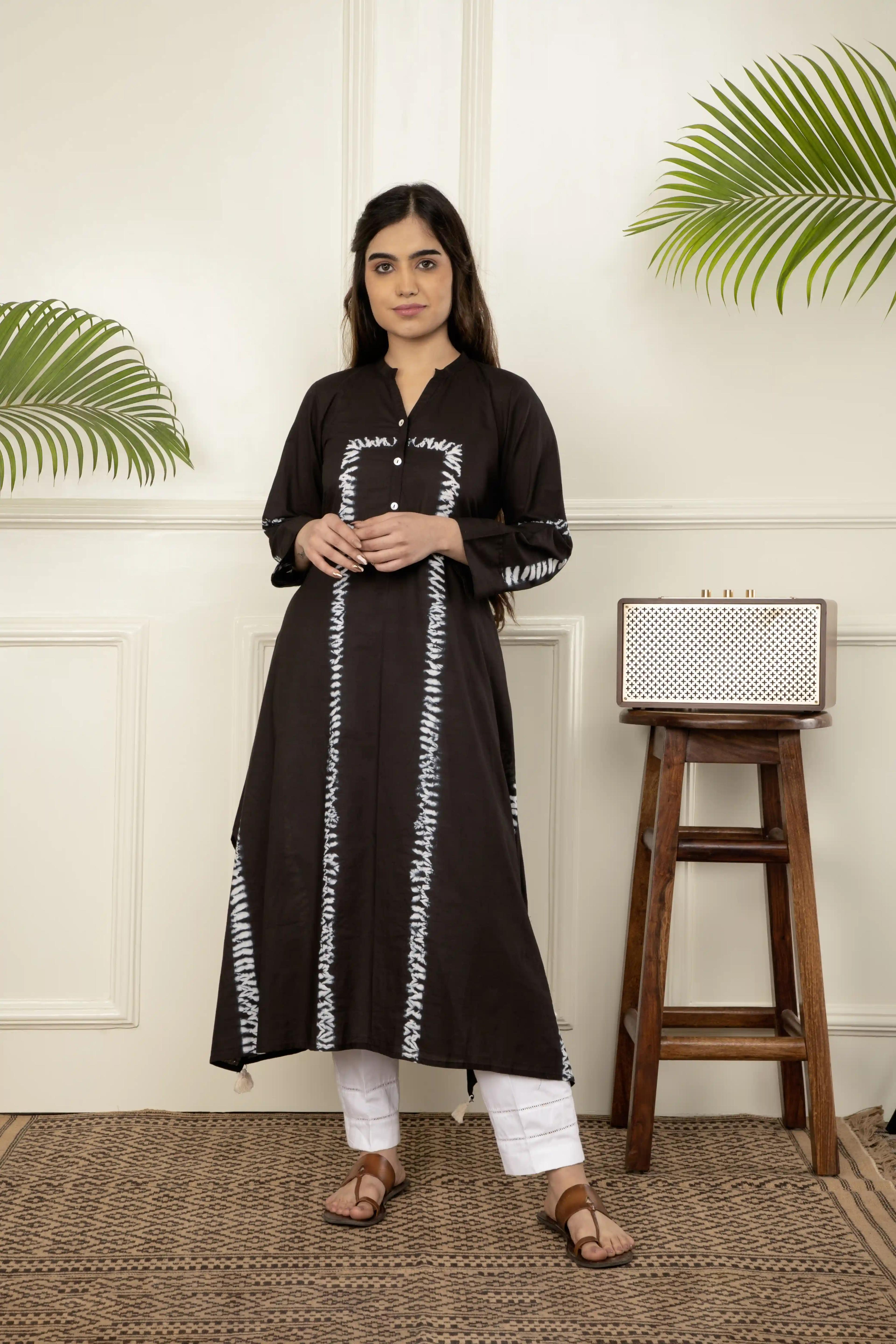 Black Shibori Tie And Dye Cotton A-Line Kurta - Medium