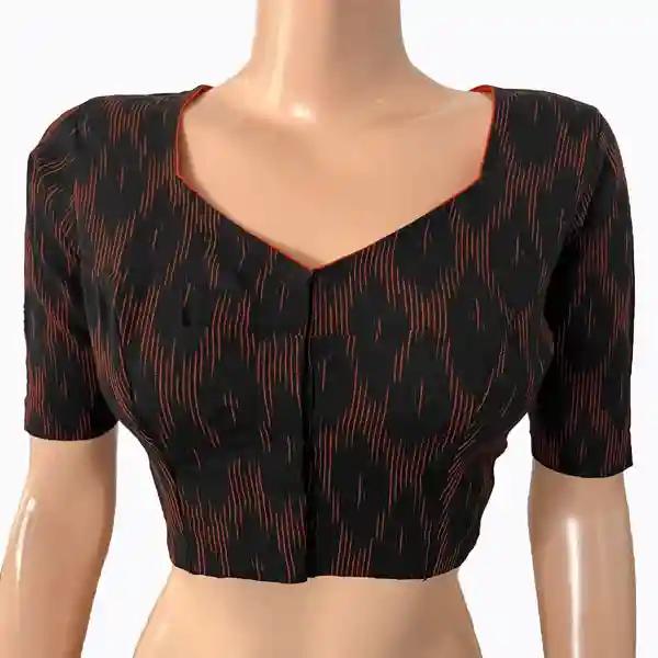 Ikat Cotton Sweetheart neck Blouse - Black Maroon S