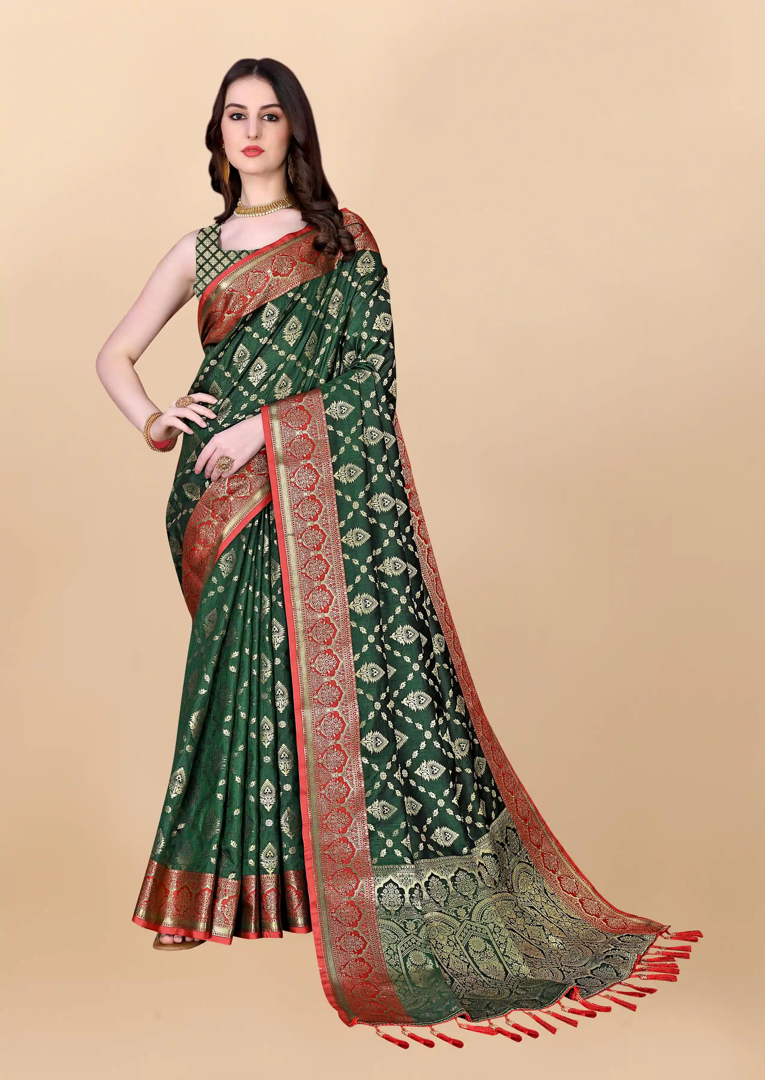 Soft Katan Motifs Weaving Silk Saree with Brocade Silk Blouse - Green