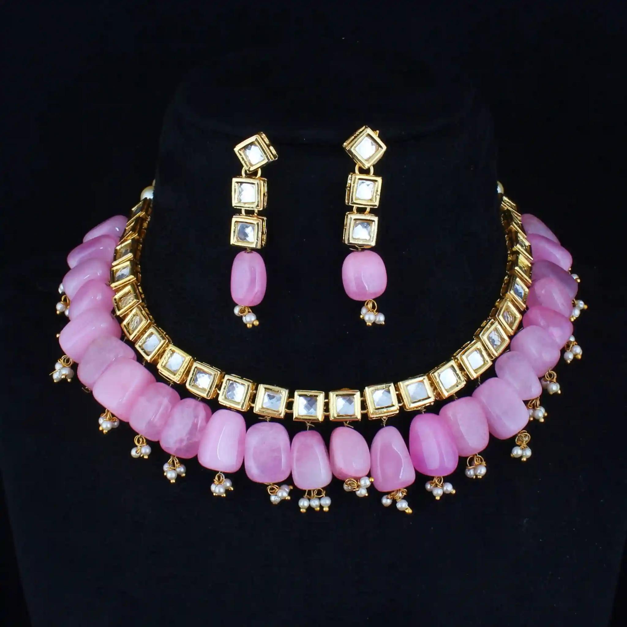 Gold Plated(18k) Square Design Kundan Choker Necklace & Earrings - Pink