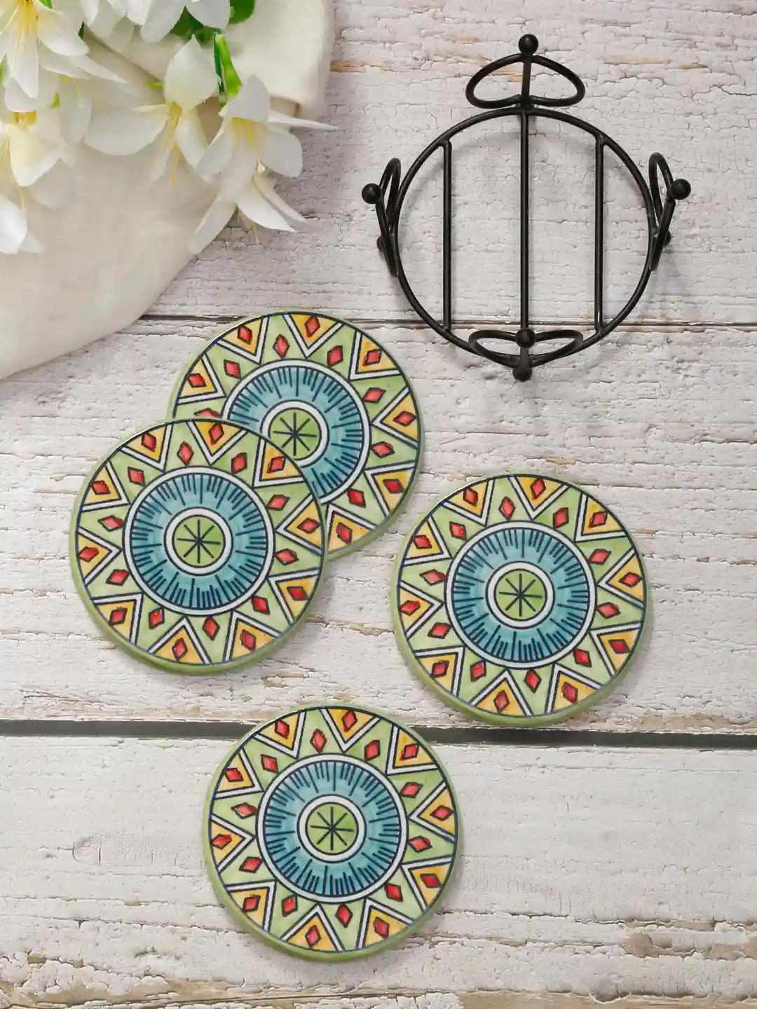 Shilpkara "Magnificent Mandala" Hand Painted Wooden Coffee and Tea Coasters With Stand - Set of 4