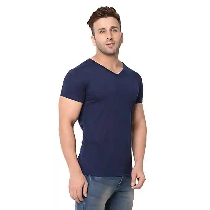 V-Neck Cotton T-shirt for Men - Navy Blue (Small)