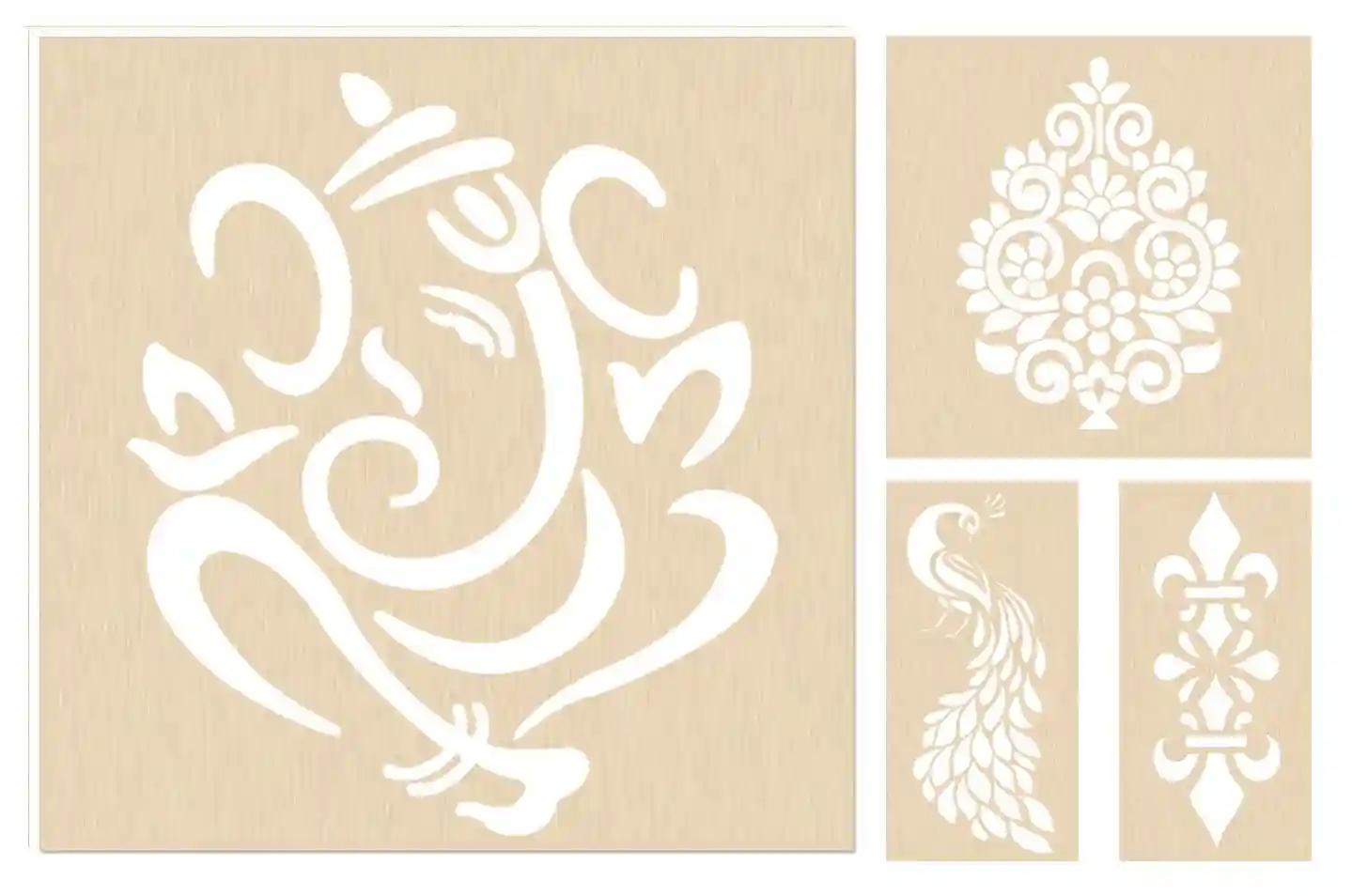 Woodcraft Original Ganesh Rangoli Stencil For Decor - Pack Of 4