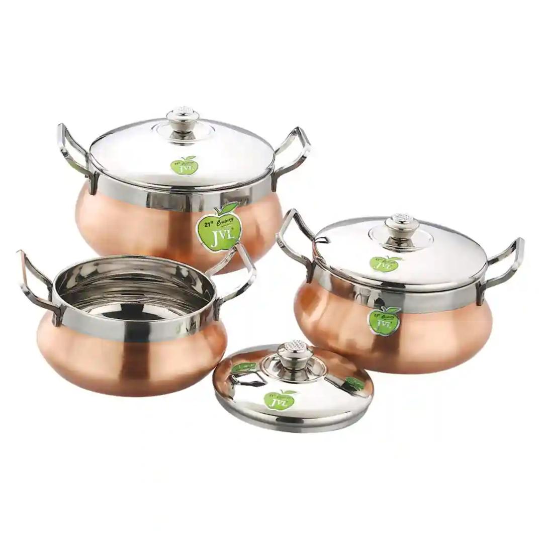 Stainless Steel Induction Cookware Sets & Gas Stove Friendly Cookware & Serveware Essential Utensil Pot Handi Set with Lid 800 Ml, 1250 Ml, 1900 Ml With Full Copper Finish - Set of Three Pieces