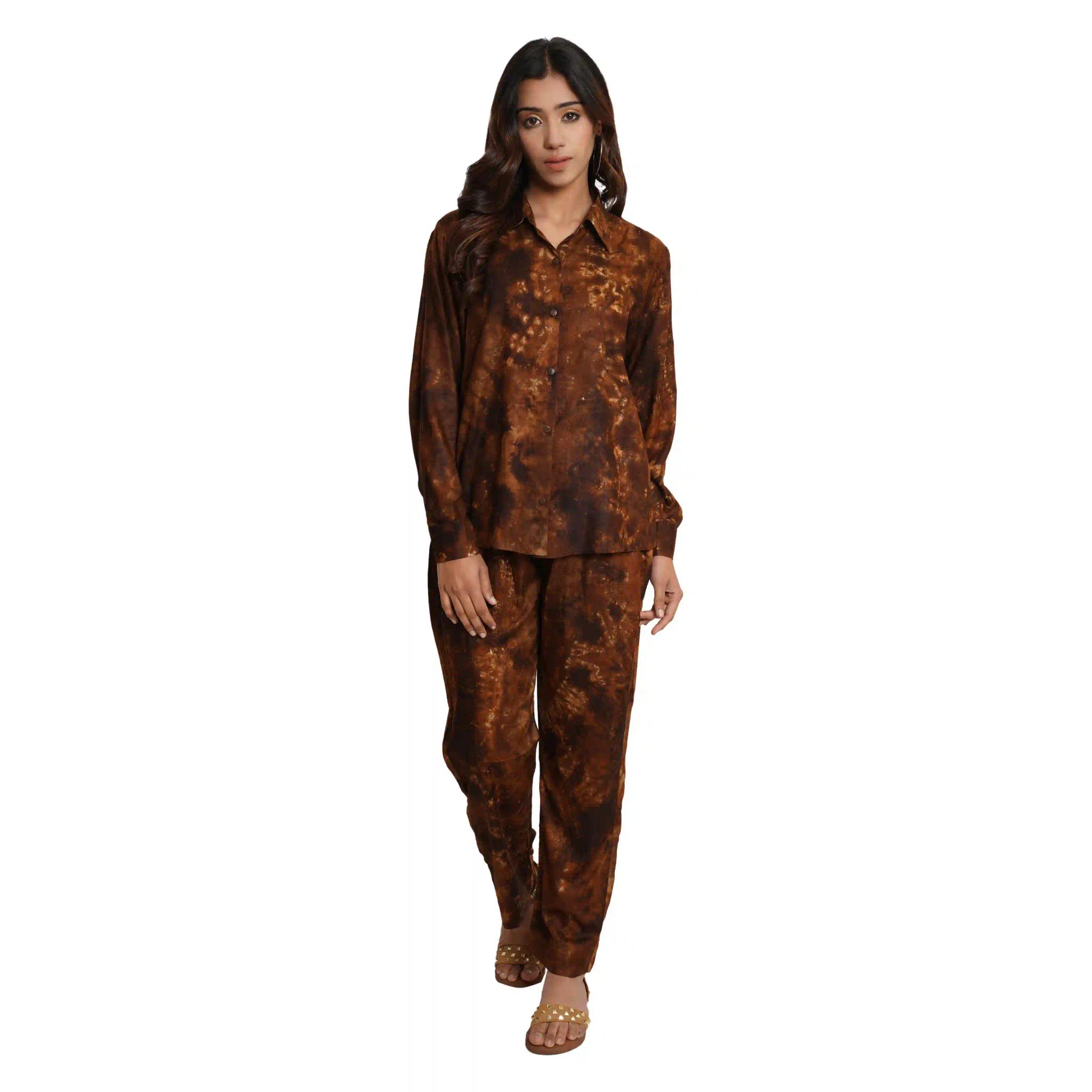 Brown Tie And Dye Rayon Short Co-Ord Set (Set of 2) - X-Small