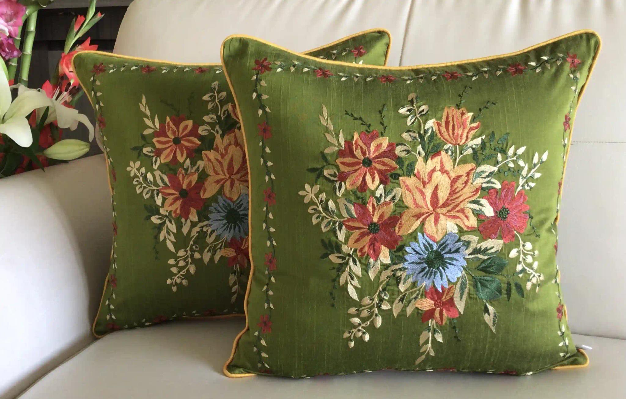 My Fairy Lady- Embroidered Cotton Silk Cushion Covers- Set of 2- Olive Green