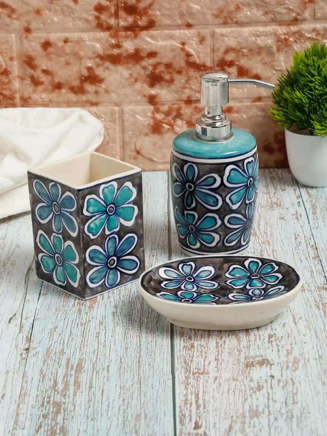 Shilpkara "Ethnic Lily" Hand Painted Ceramic Bathroom Accessories Set (Liquid Soap Dispenser, Soap Dish, Toothbrush Holder) - Set of 3