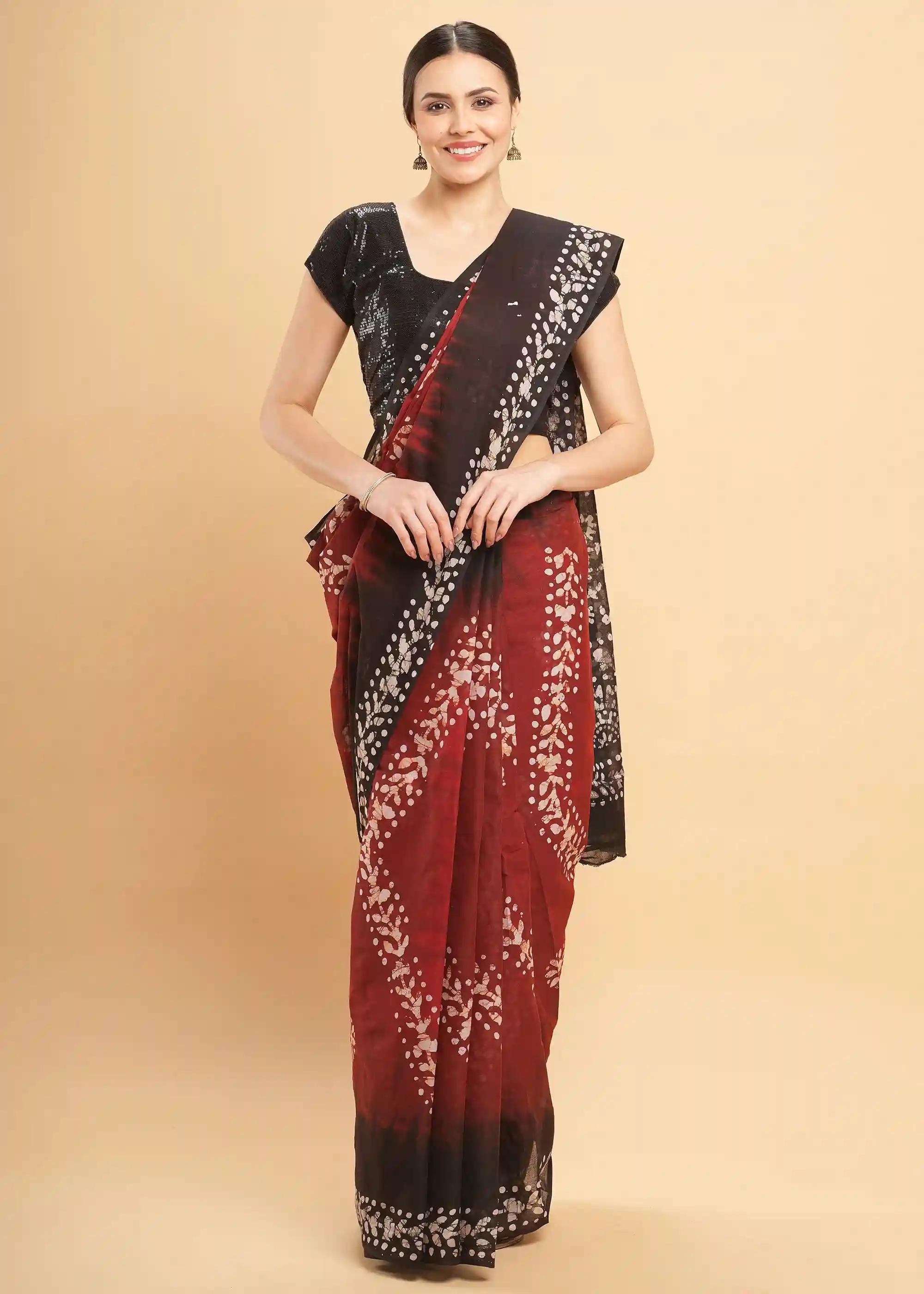 Mul Mul Pure Cotton Saree With Tie N Dye And Batik Prints - Red & Black