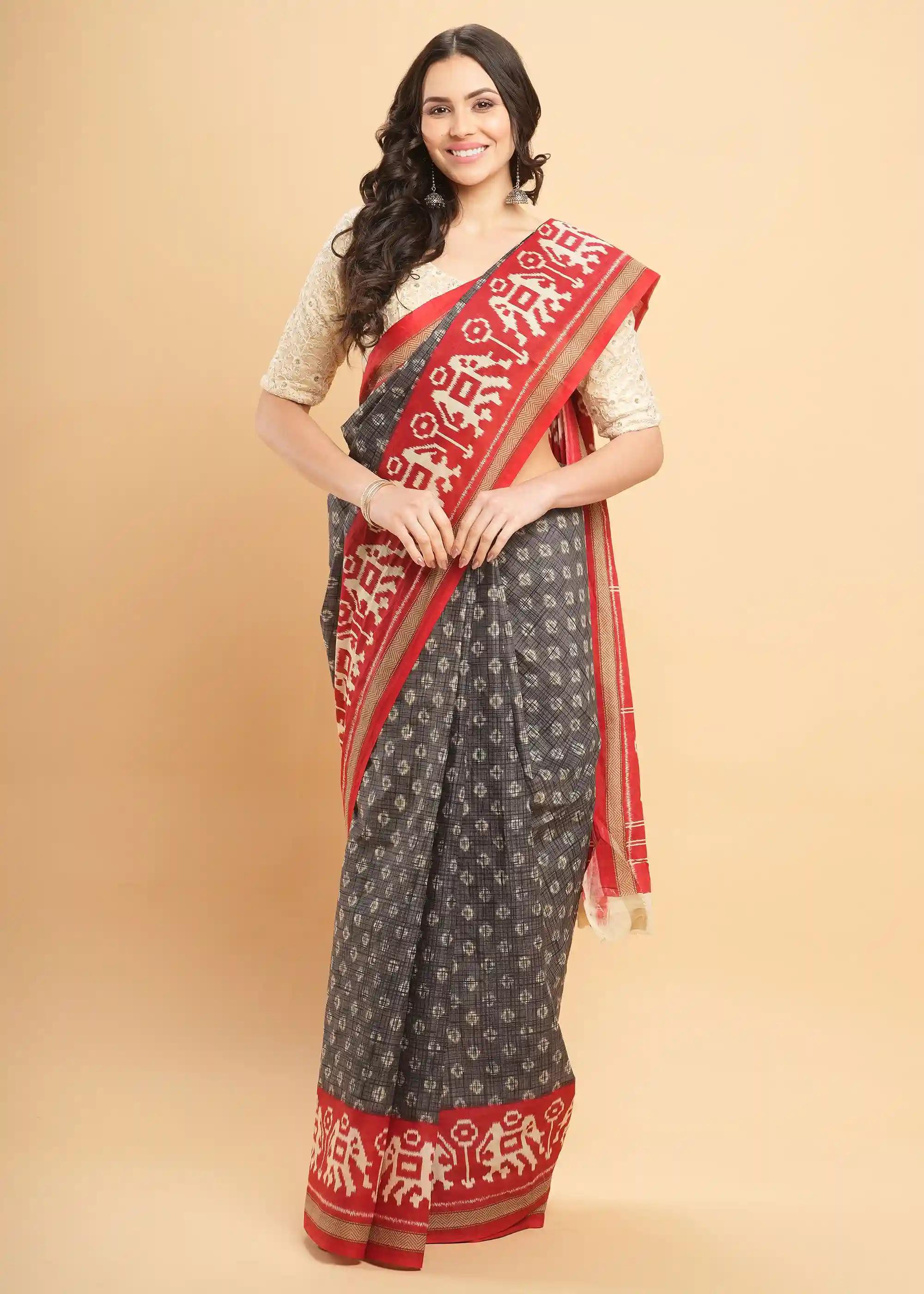 Mul Mul Pure Cotton Saree With Ikat Prints All Over - Grey & Red