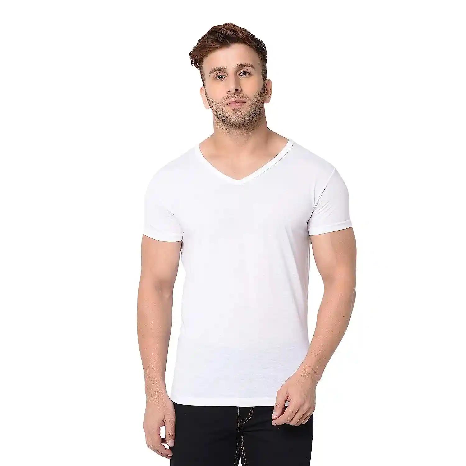 V-Neck Cotton T-shirt for Men - White (Small)