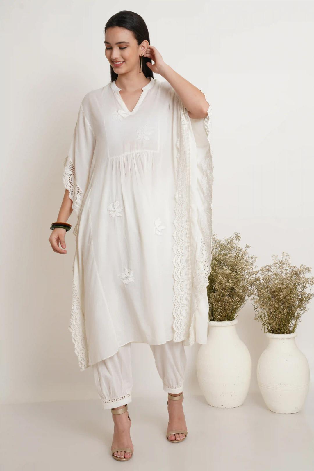 Off White Hand Embroidered Kaftan - X-Small