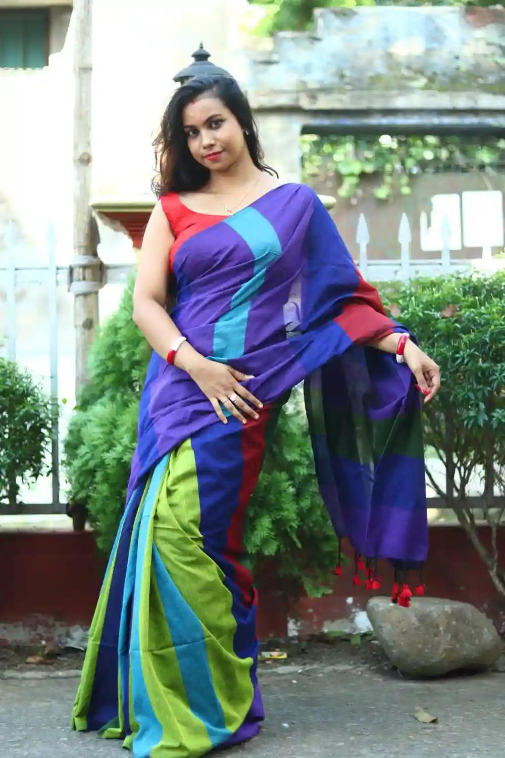 Pure Cotton Pallu Stripes Saree - Multicolor