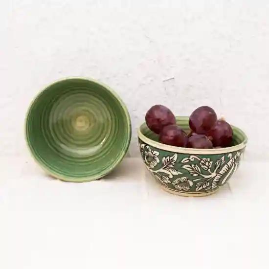 Shilpkara 'Green Royals' Hand Painted Kalamkari Serving Katoris Cereal Bowls Set - Pack of 2