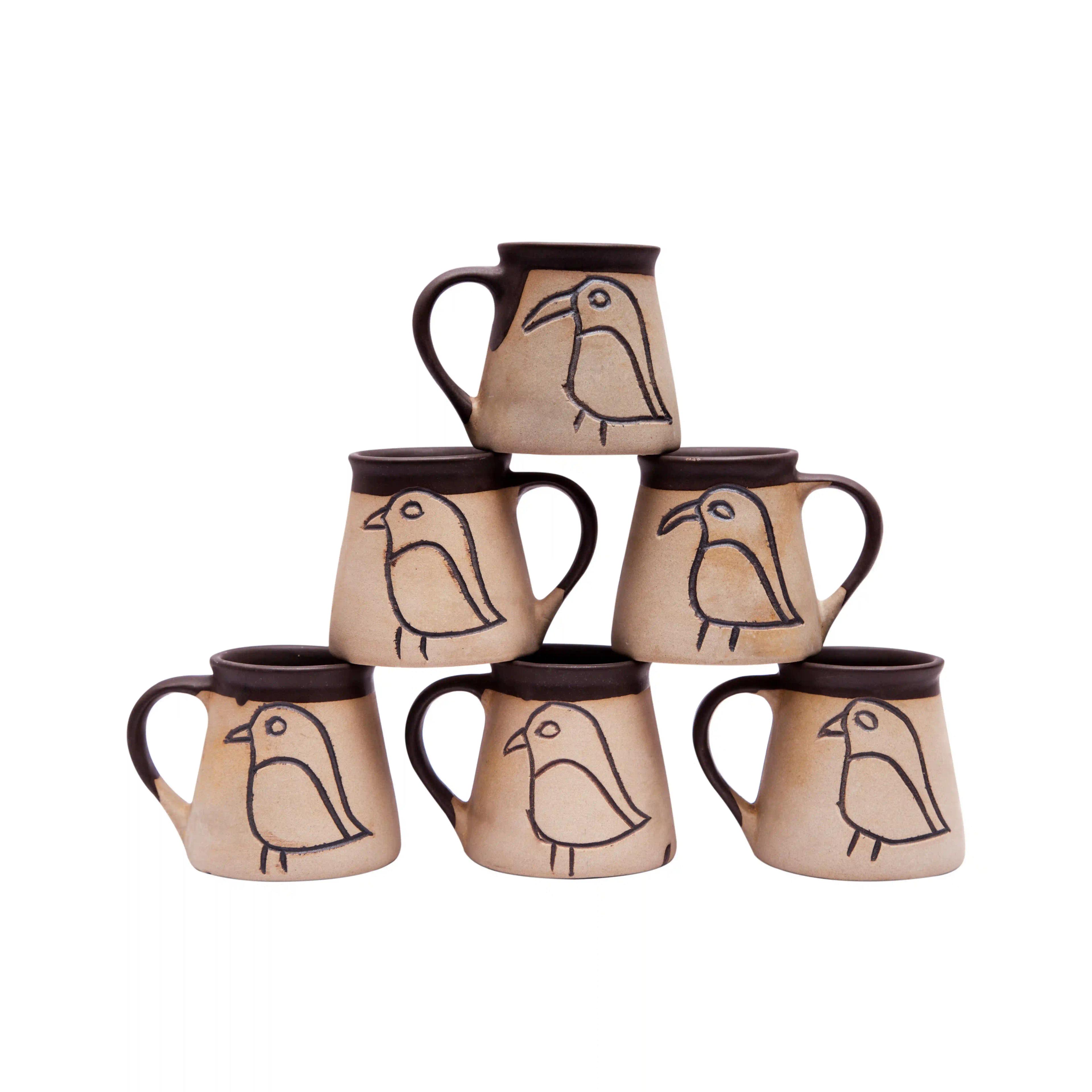 Shilpkara Ceramic "Earthen Sparrow" Studio Pottery Coffee Mugs - Set of 6