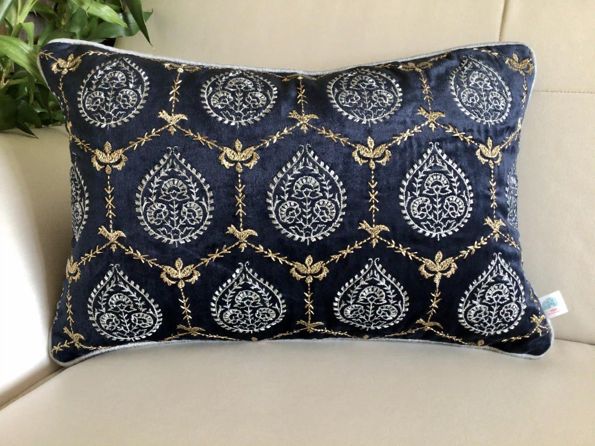 Padmini- Embroidered Luxury Velvet Cushion Cover- Midnight Blue- Set of 1