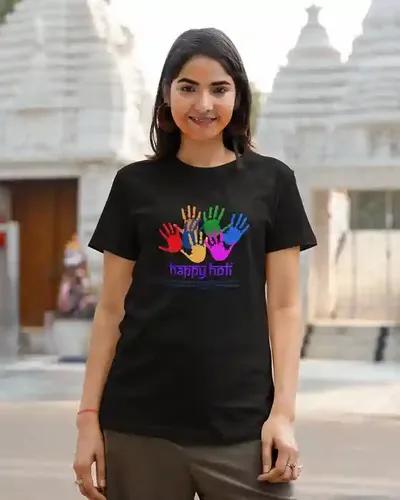 Celebrate with Style: Women's Colorful Handprint Holi T-Shirt in Vivid Contrasts | 100% Premium Bio Wash Cotton T-Shirts