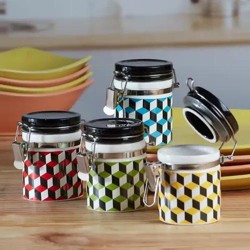 Kookee Ceramic Airtight Mini Canister Jar and Container for Kitchen Food Storage, Used to Store Candy, Salt, Pepper, Coffee, Tea, Sugar (Pack of 4) (100ml each) (8631)