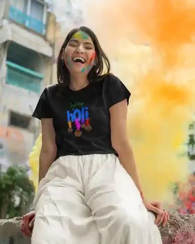 Celebrate Joyfully: Women's Colorful Happy Holi T-Shirt in Vivid Splashes | 100% Premium Bio Wash Cotton T-Shirts